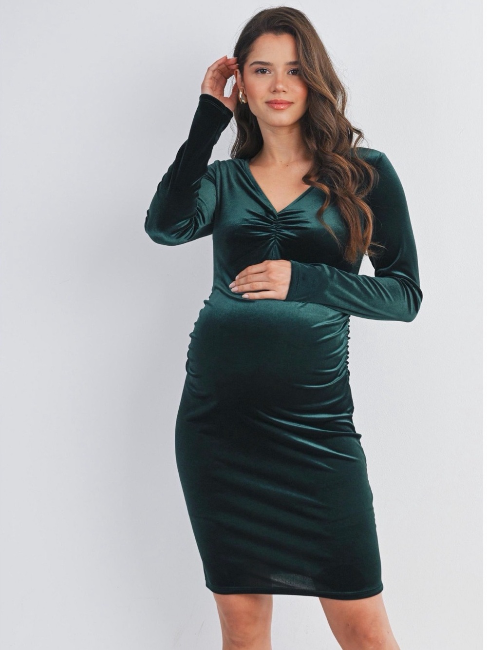 Hello MIZ Emerald Green Velvet Long Sleeve Maternity Dress